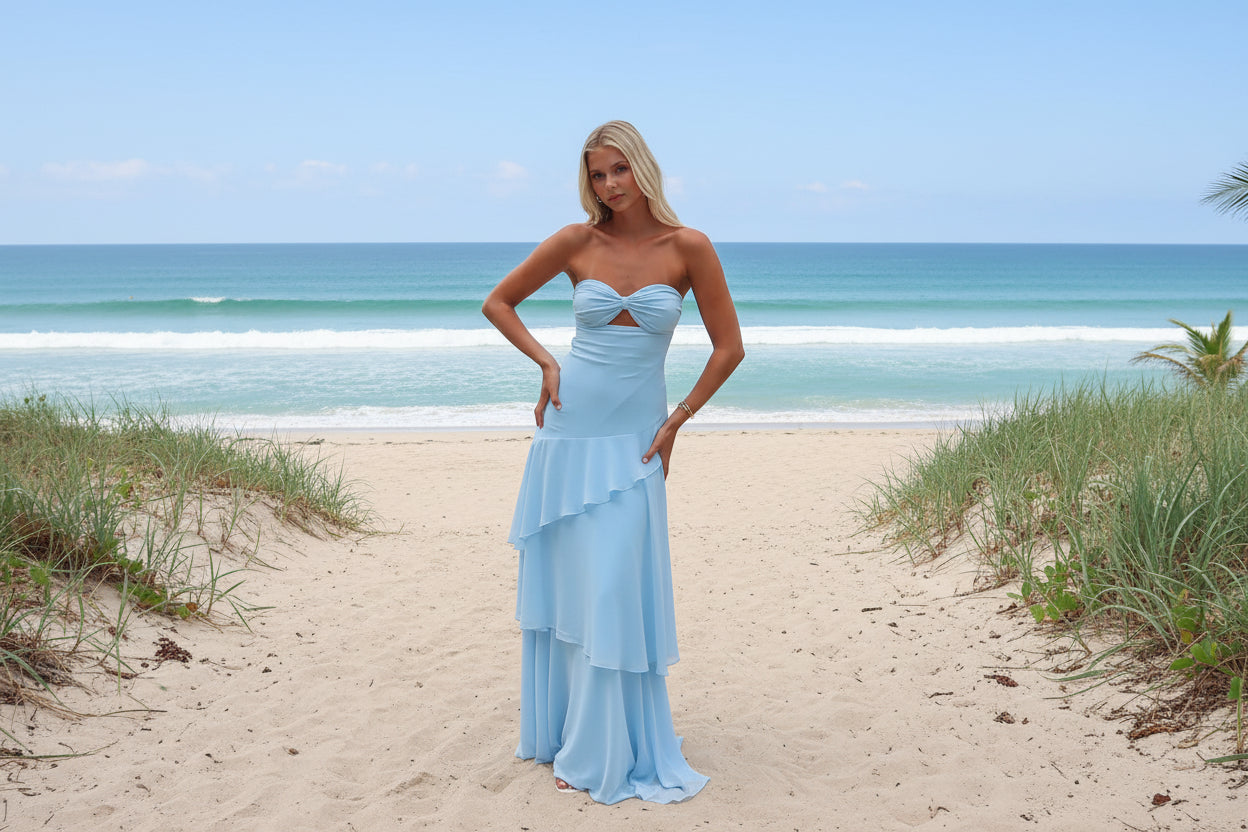 Maxi dress celeste donna Azzurra Étoile MyLumerya – strapless con gonna a balze fluide